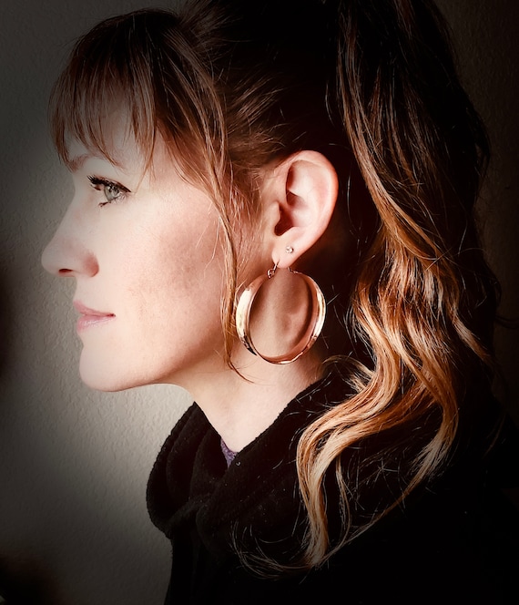 XL Rose Gold Concave Hoops – Chunky Gold Statement Earrings, Wide Lightweight Hoops, 2 Inch Saddle Hoop Earrings, Gifts for Her