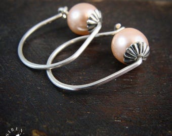 Pink Swarovski Pearl Sterling Silver Hoop Earrings – Handmade Coquette Jewelry, Siren Jewels