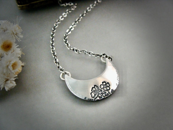 Sterling Silver Crescent Moon Wildflower Pendant - Handmade Artisan Jewelry