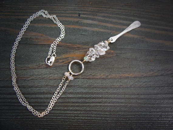 Herkimer diamond and opal mixed metal pendulum pendant, Lariat solid 14k and 925 silver boho jewelry, Gifts for her, Siren jewels