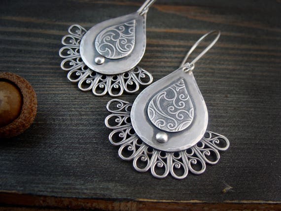 Large sterling boho flourish earrings, Festoon earrings, Statement earrings, Large earrings, Handmade jewelry, Siren jewels, Gifts for her