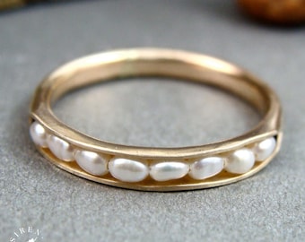 Handcrafted Solid 14k Gold & Rice Pearl Ring - Delicate Modern Stacking Band