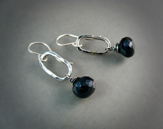 micro faceted hematite gemstone earrings, sterling silver and hematite jewelry, gifts for her, black gemstone dangles, siren jewels, witchy