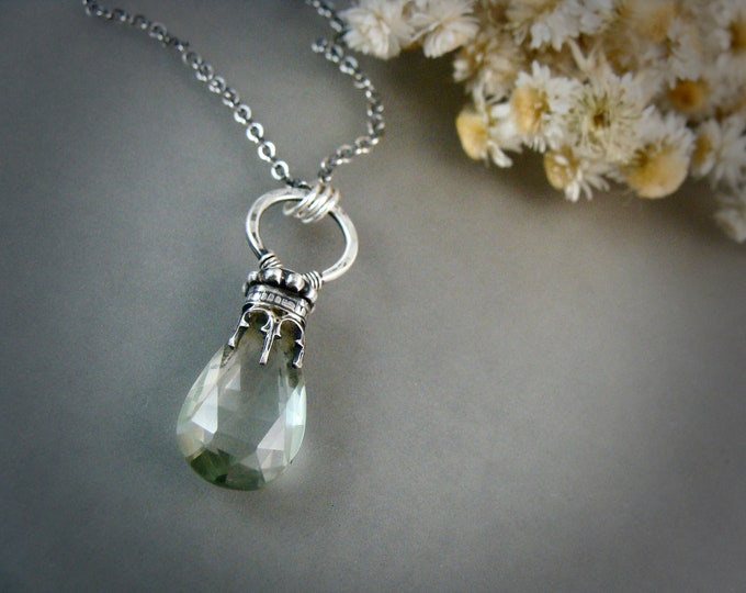 green amethyst and sterling silver pendulum pendant, gifts for her, cottage core, amethyst necklace, dark academia, siren jewels