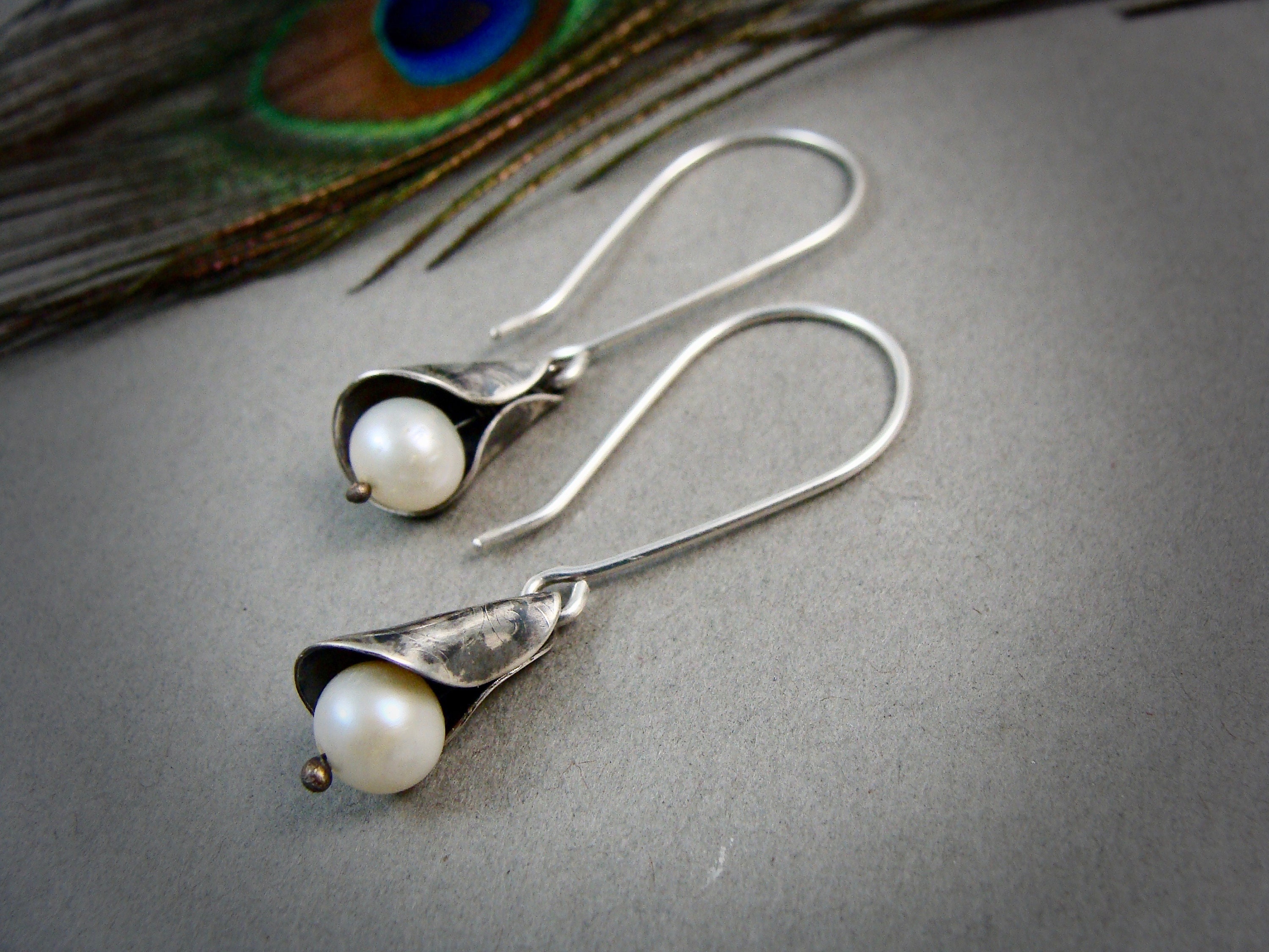 lily bells ... pearl dangles.. Silver earrings, gifts for her, handmade ...