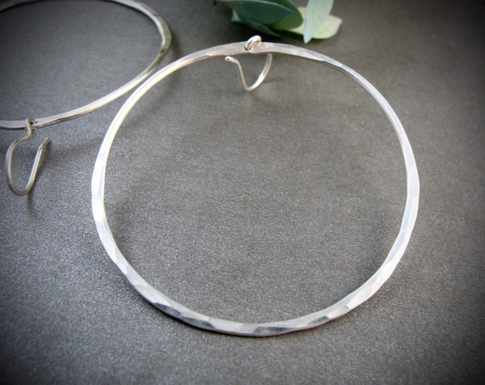 large sterling silver 925 hammered round hoops, simple large hoops, siren jewels, handmade artisan jewelry, gifts for her "silver moon"