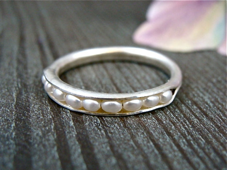 petite pearl sterling silver stack ring, sterling silver pearl ring, handmade silver ring, rings for women, delicate pearl ring, sirenjewels image 1