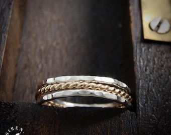Sterling Silver & 14k Gold Fill Stacking Rings, Robe Band, Hammered Set Of Three