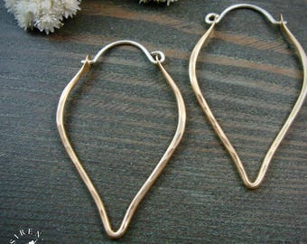 Minimalist Hammered 14k Gold Filled Teardrop Hoops, Mixed Metal Leaf Shape Dangle Earrings
