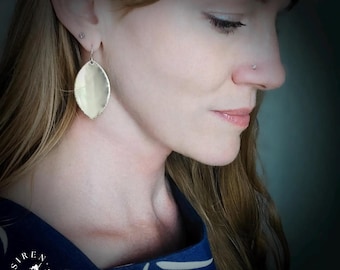 Modern Hammered Brass Leaf Earrings – Sterling Silver Wires, Handmade Botanical Jewelry