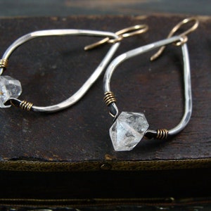 Herkimer diamond mixed metal boho dangle earrings, sterling silver Herkimer diamond earrings,hammered silver teardrop hoops,higher realms image 2