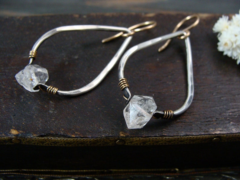 Herkimer diamond mixed metal boho dangle earrings, sterling silver Herkimer diamond earrings,hammered silver teardrop hoops,higher realms image 2