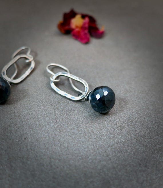 Sterling Silver Hematite Earrings – Black Gemstone Dangles, Handmade Artisan Jewelry