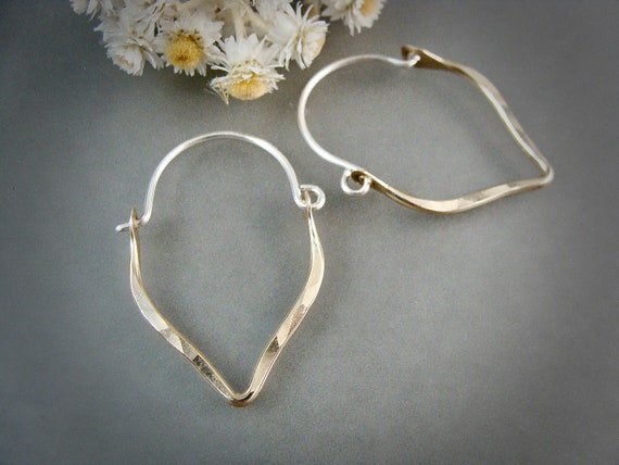Golden teardrop mixed metal minimalist hoop, 14k gold filled and sterling earrings, Handmade jewelry, Hammered chevron, Siren jewels