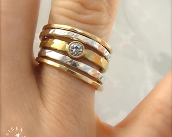 14k Gold White Sapphire Stack Rings Set Of Four - Hammered Mixed Metal Bands