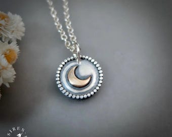 Sterling Silver Crescent Moon Pendant, 14k Gold Filled Disc, Delicate Dark Academia Witchy Vibe.