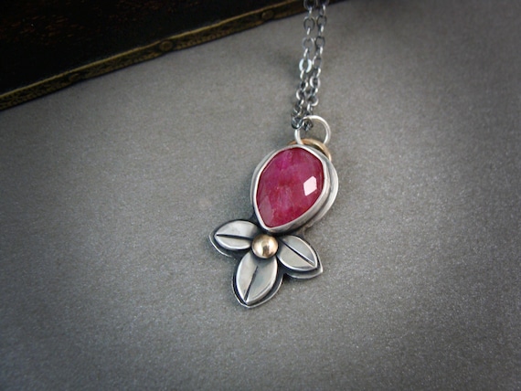 Ruby and sterling silver mixed metal artisan flower pendant, 925 gemstone necklace, gifts for her