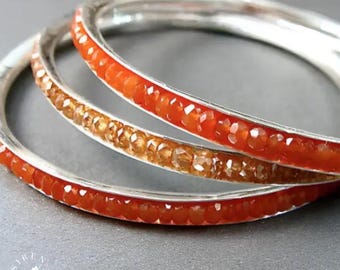 Silver Bangle - Carnelian Gemstone Sterling Bracelet - Stackable Artisan Made Handcrafted Jewelry