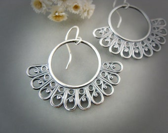 sterling silver 925 filigree hoop dangle earrings, unique handmade earrings, floral jewelry, large earrings , siren jewels, gifts for her