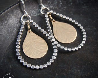 Teardrop Mixed Metal Dangle Earrings - Gold & Sterling Silver Beaded Drops, Handmade Artisan Jewelry