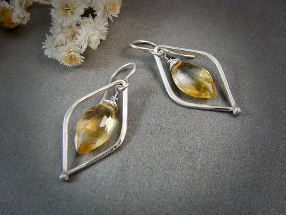 Citrine and Sterling Silver Dangle Earrings – Hammered Silver Earrings, November Birthstone Jewelry, Handmade Gifts for Her, Siren Jewels