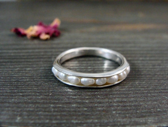 Petite white pearl and sterling silver stacking ring, Handmade silver rings for women, Delicate rice pearl ring, Siren jewels