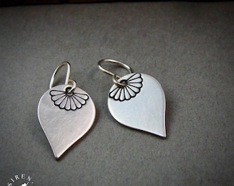 Small Hand Stamped Sterling Silver Dangle Earrings – Minimalist Petal Drop Earrings, Handmade Siren Jewels