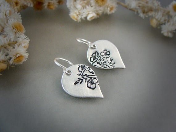 Sterling Silver Teardrop Flower Dangle Earrings – “Meadow Earrings”, Imprinted 925 Floral Drops, Cottagecore Jewelry, Handmade Gifts for Her