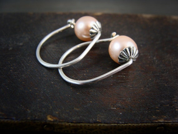 Pink pearl and sterling silver hoops, Swarovski crystal pearl earrings, Small hoops, Bridesmaid gifts, Coquette pearl jewelry, "Rose bud"