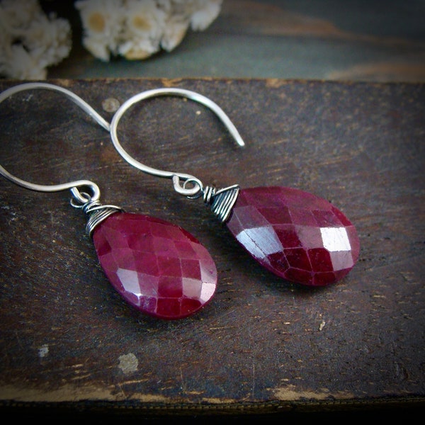 ruby and sterling silver dangle earrings, wire wrapped earrings, gemstone earrings, large faceted ruby earrings, siren jewels, handmade
