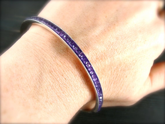 Amethyst Sterling Silver Bangle Bracelet - Artisan Handcrafted Stacking Jewelry, February Birthstone