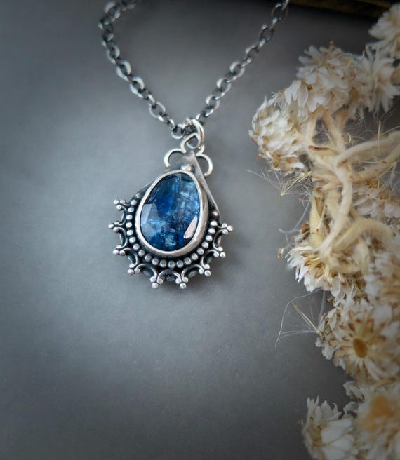 Handmade Kyanite Sterling Silver Pendant, Petite Gothic Style Jewelry Gifts For Her