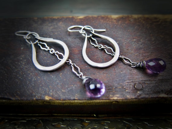 Handmade Amethyst Sterling Silver Dangle Earrings – Hammered Texture, Artisan Gemstone Jewelry For Her