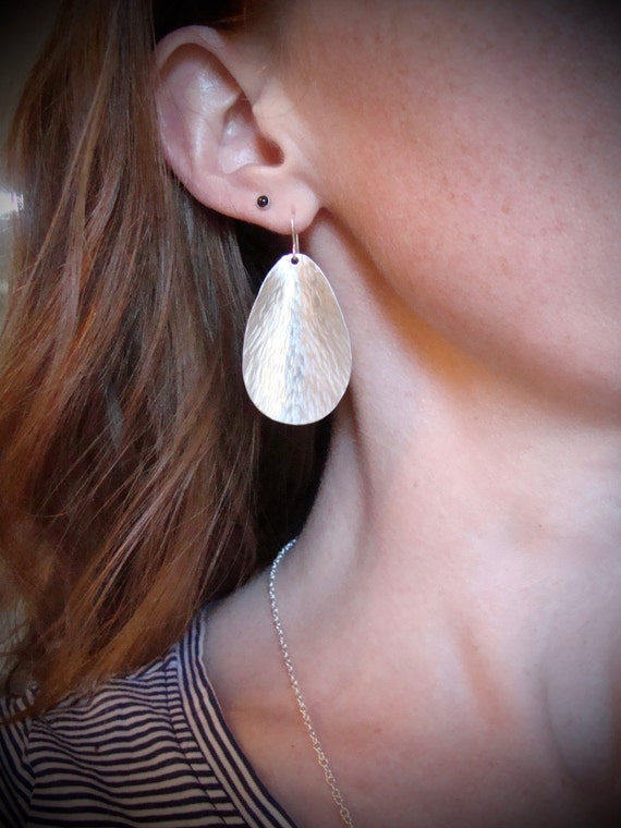 Silvery Petals – Hammered Sterling Silver Earrings, Contemporary Textured Jewelry, Simple Modern Earrings, Handmade Gifts for Her