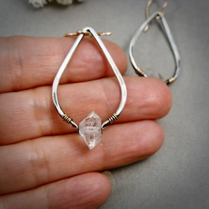 Herkimer diamond mixed metal boho dangle earrings, sterling silver Herkimer diamond earrings,hammered silver teardrop hoops,higher realms image 5