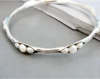 Silver Bangle -  Pearl Sterling Silver Handcrafted Artisan Stacking Bracelet for women