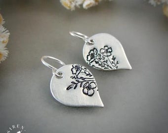 Sterling Silver Teardrop Earrings – Imprinted Floral Cottagecore Style, Handmade Artisan Silver Dangles, Jewelry Gift
