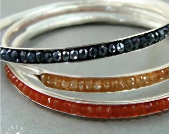 Sterling Bangle- Black Spinel Silver Stackable Gemstone Bangle - Handcrafted Artisan Made Bracelet For Her