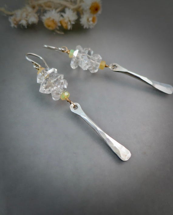 Hammered Sterling Silver Herkimer Diamond Dangle Earrings – Handmade Artisan Jewelry