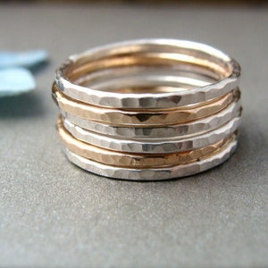 Mixed Metal Stacking Ring Set – Hammered Sterling Silver & 14k Gold Fill Bands, Minimalist Handmade Rings, Artisan Jewelry