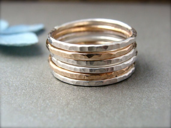 Six stackable mixed metal ring set, Thin minimalist stack rings, Delicate hammered gold and silver rings, Elegant mixed metal rings