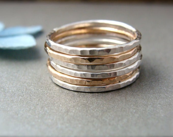 six … stackable rings, mixed metal stacking rings set, hammered stack rings, handmade rings, gold and silver rings