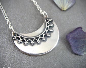 Sterling Silber Halbmond Krone Anhänger - Filigrane himmlische Halskette, handgemachter gotischer Handwerker Schmuck Geschenk