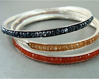 Sterling Bangle- Black Spinel Silver Stackable Gemstone Bangle - Handcrafted Artisan Made Bracelet For Her