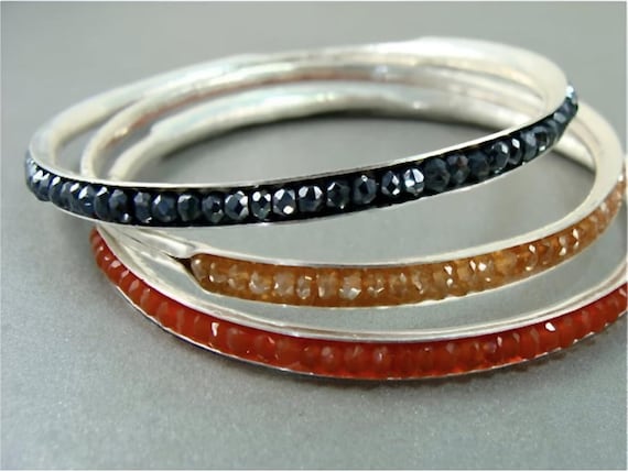 Black Spinel Sterling Silver Stackable Gemstone Bangle - Handcrafted Artisan Made Bracelet