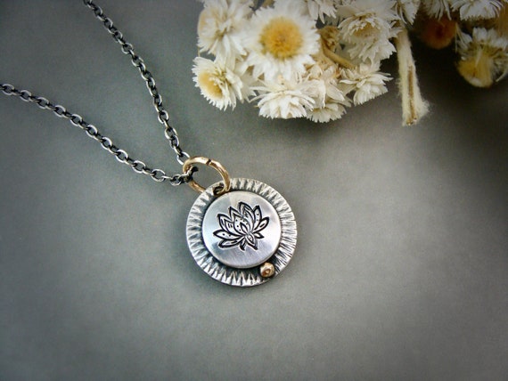 Mixed Metal Lotus Pendant – Small Artisan Necklace in Sterling Silver & 14k Gold Fill, Zen Disc Pendant, Layering Jewelry, Siren Jewels
