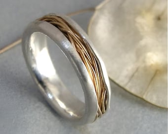 Mixed Metal Wedding Band: 14k Gold Intertwined Sterling Silver Ring