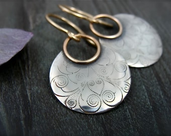 Sterling Silver Disc Earrings: Patterned Mixed Metal Dangle Jewelry