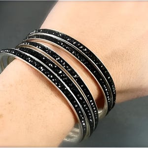 Black Spinel Sterling Silver Bangle: Stackable Gemstone Bracelet