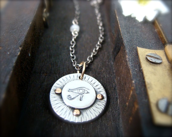 Eye of Horus mixed metal pendant, sterling silver charm, handmade jewelry, layering necklace, siren jewels, gifts for her